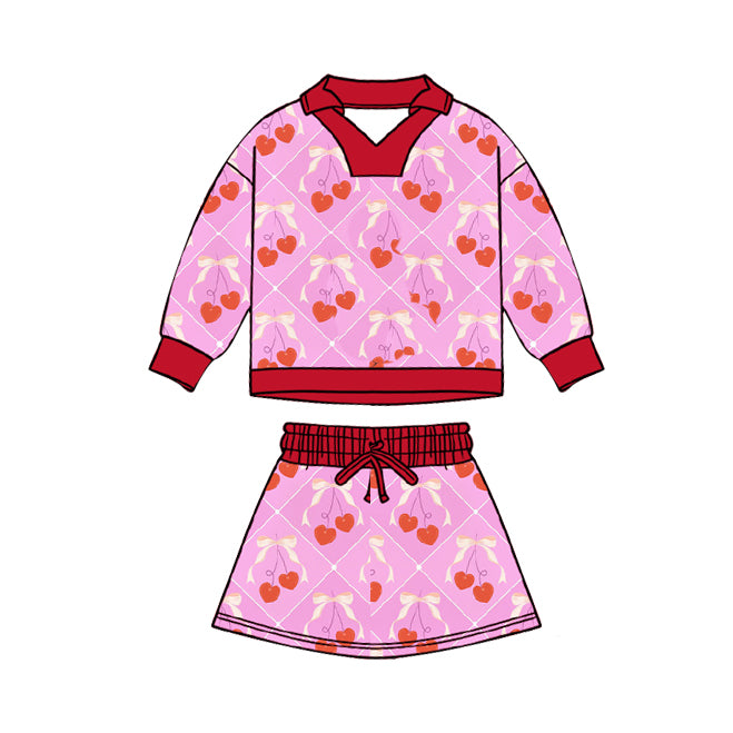 MOQ 5 preorder GLD1538 Belted Cherry Plaid Rose Red Long-Sleeved Skirts Girls Sets 202511