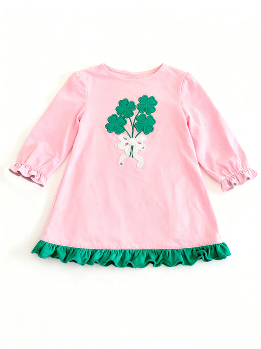 MOQ 5 PCS preorder GLD1540 St Patrick's Day Four-Leaf Bow Green Ruffle Pink Long Sleeve Dresses for Girls 202511