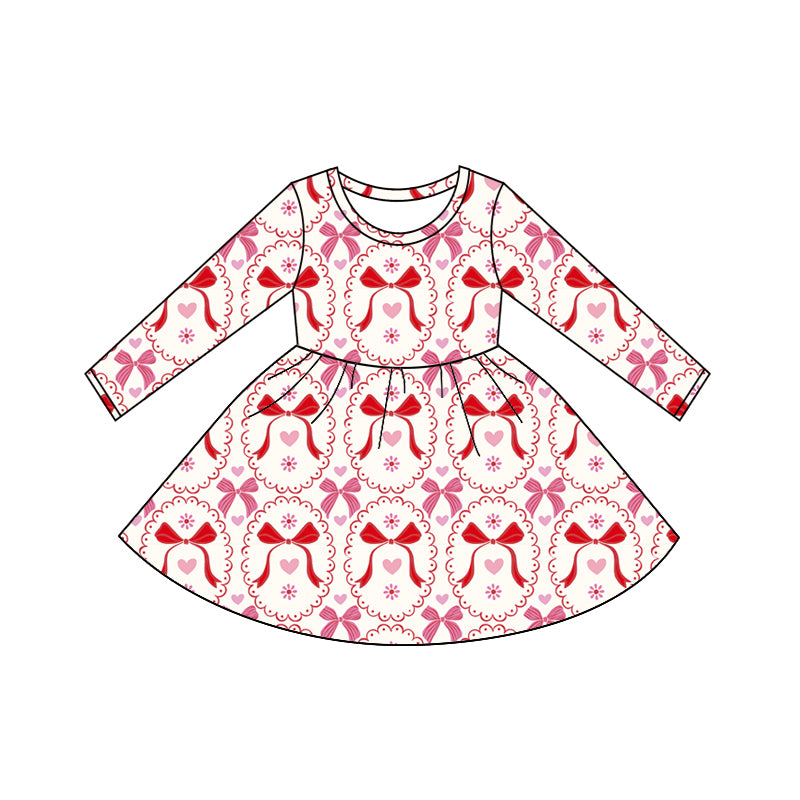 MOQ 5 PCS preorder GLD1541 Valentines Day Bows Pink Long Sleeve Dresses for Girls 202511