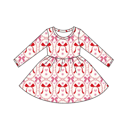 MOQ 5 PCS preorder GLD1541 Valentines Day Bows Pink Long Sleeve Dresses for Girls 202511