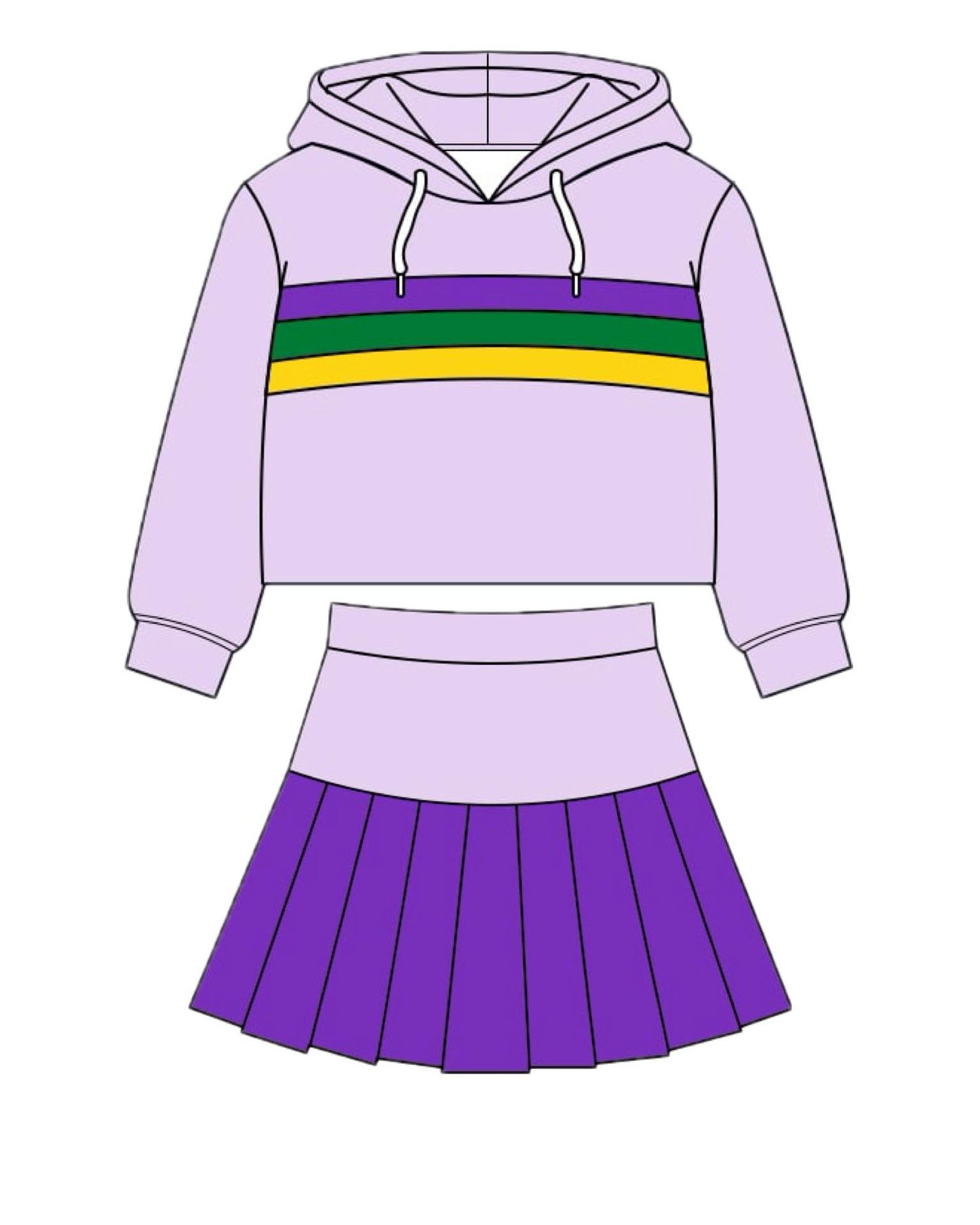 MOQ 5 preorder GLD1542 Mardi Gras Stripe Purple Hooded Long Sleeve Pleated Skirts Girls Yoga Sets 202511