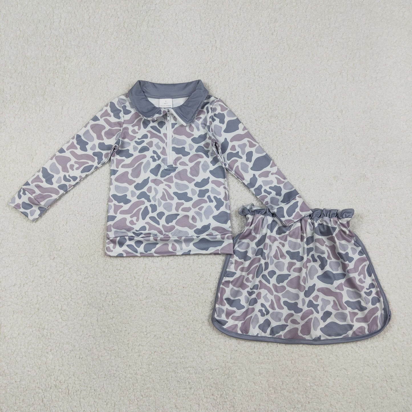 GLD1548 Gray Blue Camouflage Zip Collar Long Sleeve Skirts Girls Sets 202601 RTS
