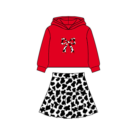 MOQ 5 preorder GLD1551 Cow Print Bow Red Hooded Long Sleeve Pleated Skirts for Girls Yoga Sets 202511