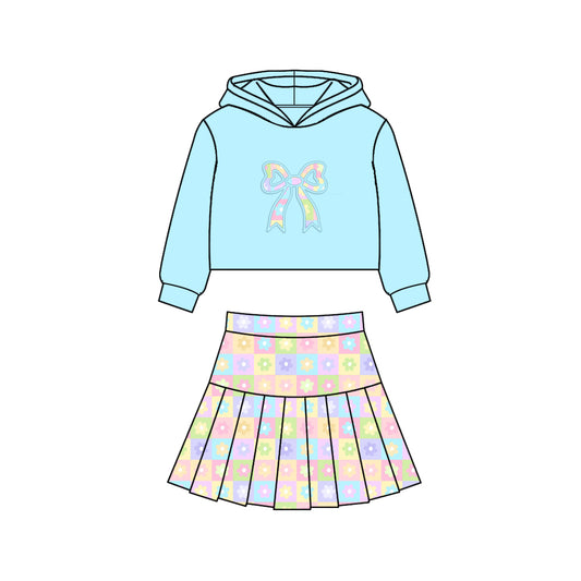 MOQ 5 preorder GLD1552 Colored Flower Plaid Bow Light Blue Hooded Long Sleeve Pleated Skirts for Girls Yoga Sets 202511