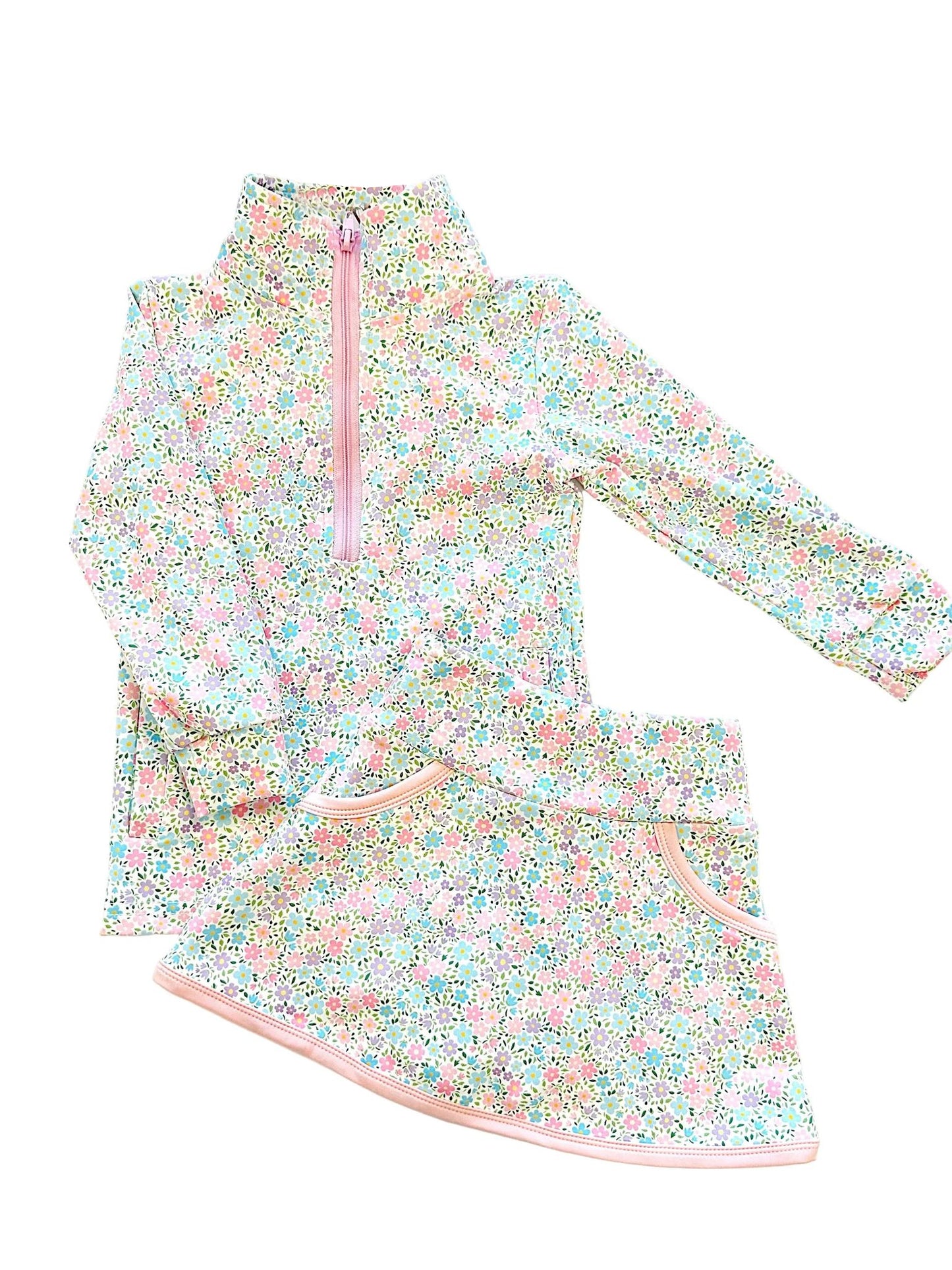 MOQ 5 PCS preorder GLD1559 Floral Pink Zip Collar Long Sleeve Skirts for Girls Sets 202512