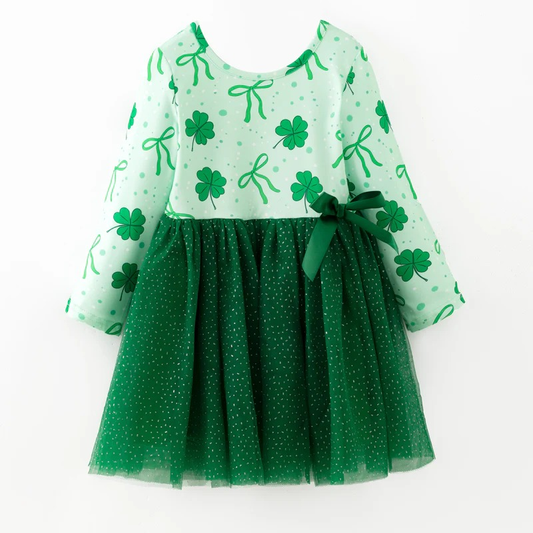 MOQ 5 PCS preorder GLD1561 St Patrick's Day Bows Four-Leaf Clover Green Tulle Long Sleeve Dresses for Girls 202512