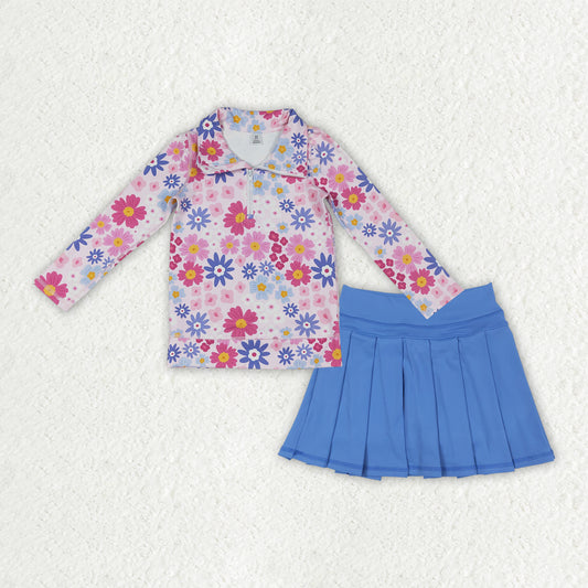 GLD1564 Flower Zipper Collar Long Sleeve Blue Pleated Skirts Girls Yoga Sets 202512 RTS