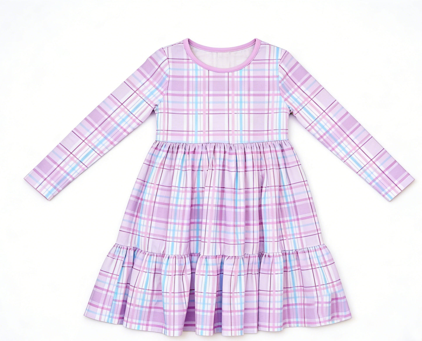 MOQ 5 PCS preorder GLD1568 Purple Blue Plaid Long Sleeve Dresses for Girls 202512