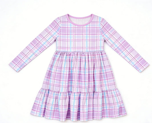 MOQ 5 PCS preorder GLD1568 Purple Blue Plaid Long Sleeve Dresses for Girls 202512