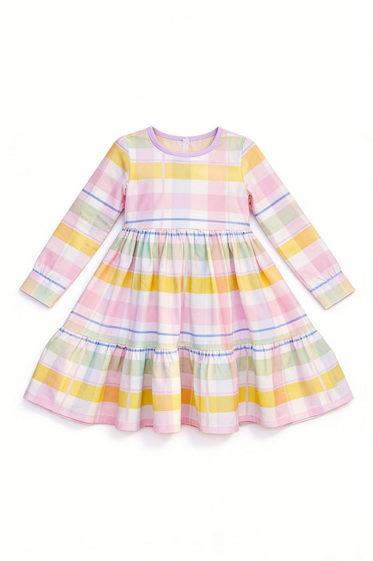 MOQ 5 PCS preorder GLD1569 Orange Pink Green Plaid Long Sleeve Dresses for Girls 202512