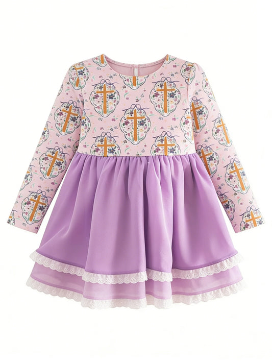 MOQ 5 PCS preorder GLD1571 Easter Flower Cross Lace Ruffle Purple Long Sleeve Dresses for Girls 202512