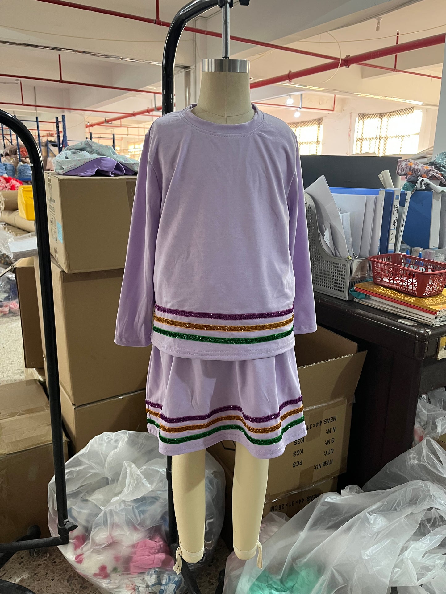 GLD1573 Mardi Gras Purple Long Sleeve Skirts Girls Sets 202601 RTS