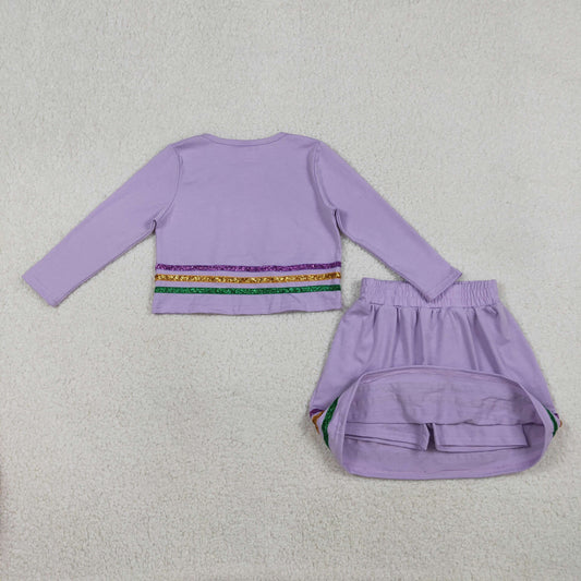 GLD1573 Mardi Gras Purple Long Sleeve Skirts Girls Sets 202601 RTS