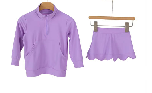 MOQ 5 PCS preorder GLD1583 Solid Purple Zip Collar Long Sleeve Skirts Girls Yoga Sets 202602