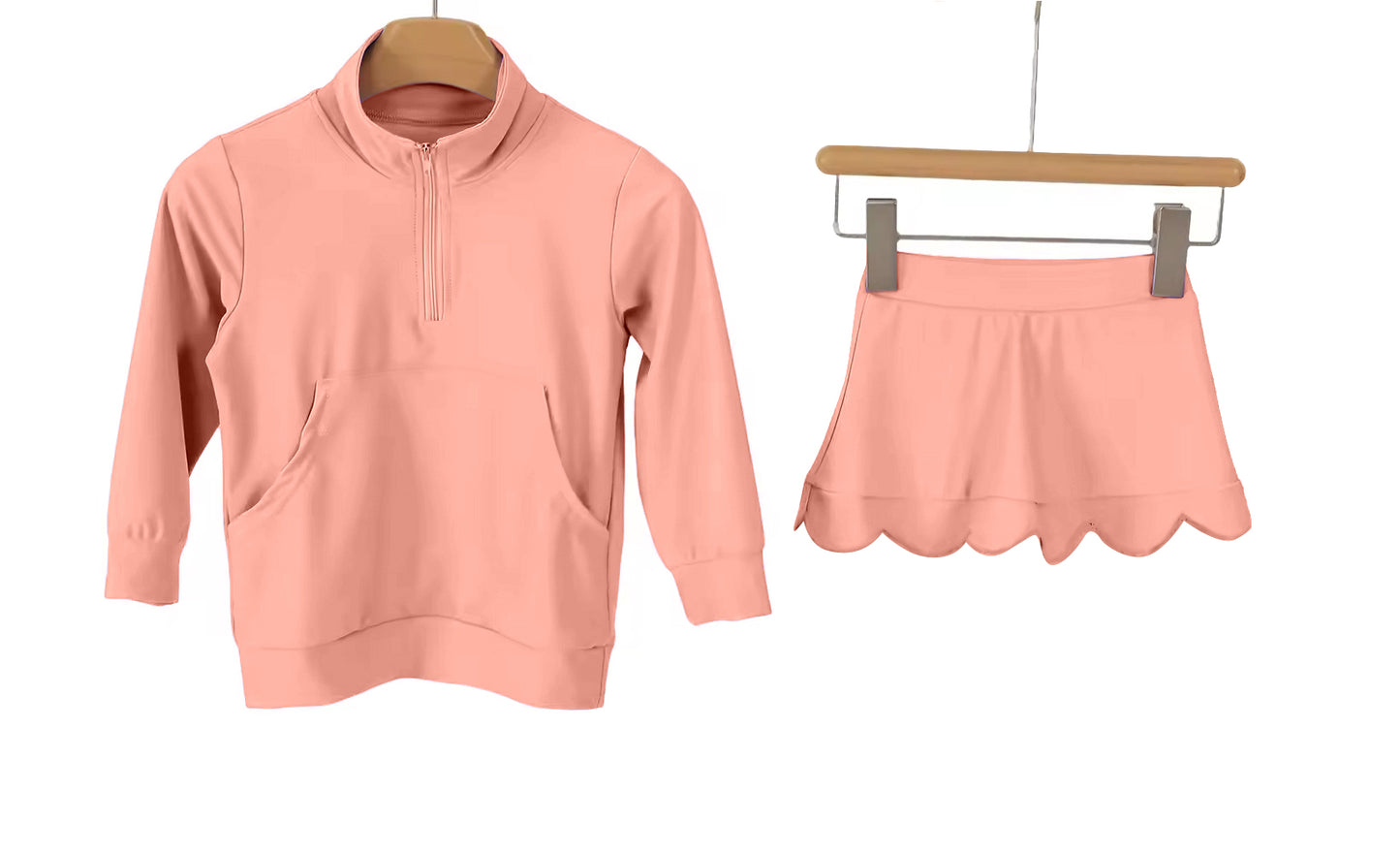 MOQ 5 PCS preorder GLD1584 Solid Orange Pink Zip Collar Long Sleeve Skirts Girls Yoga Sets 202602