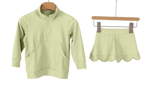 MOQ 5 PCS preorder GLD1585 Solid Light Green Zip Collar Long Sleeve Skirts Girls Yoga Sets 202602