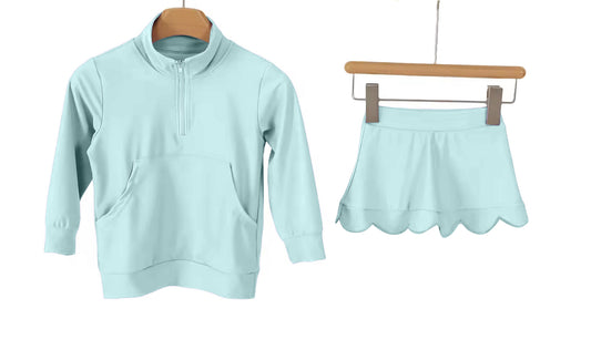 MOQ 5 PCS preorder GLD1586 Solid Light Blue Zip Collar Long Sleeve Skirts Girls Yoga Sets 202602