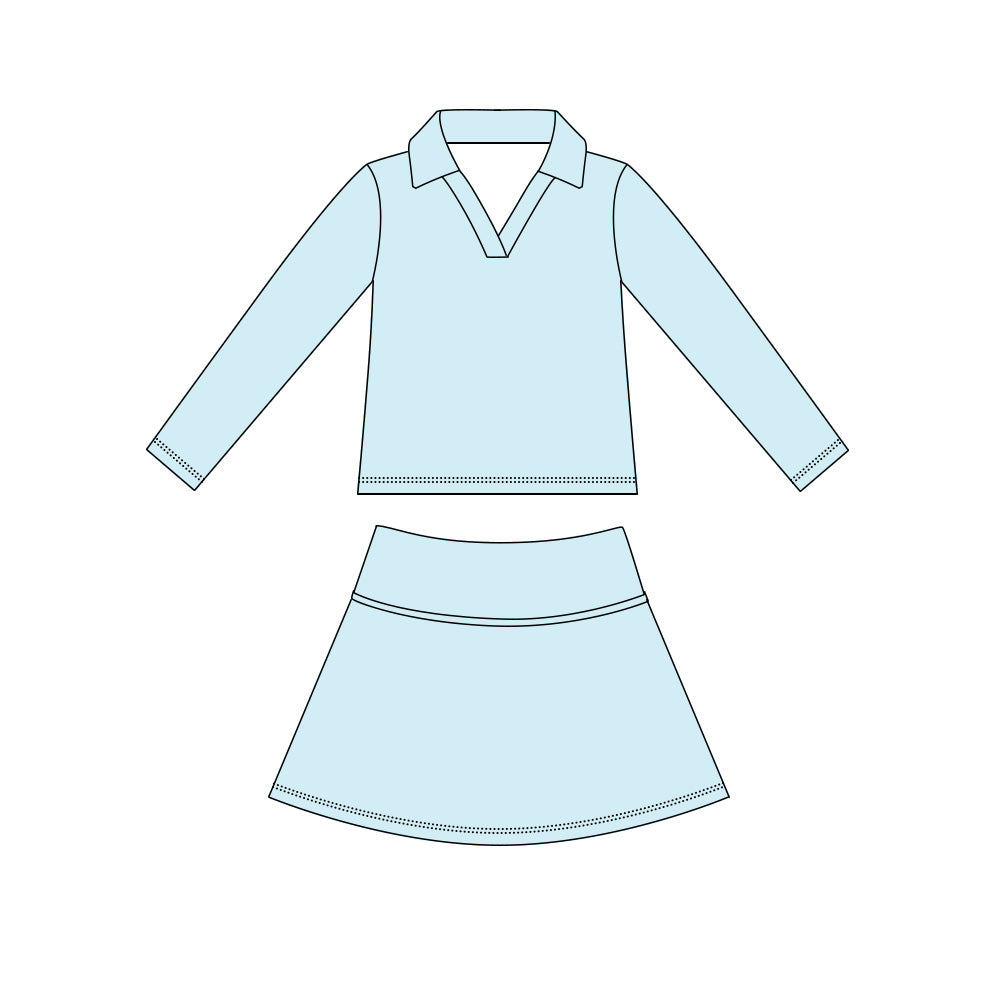 MOQ 5 PCS preorder GLD1589 Solid Light Blue V-Neck Long Sleeve Skirts Girls Yoga Sets 202604