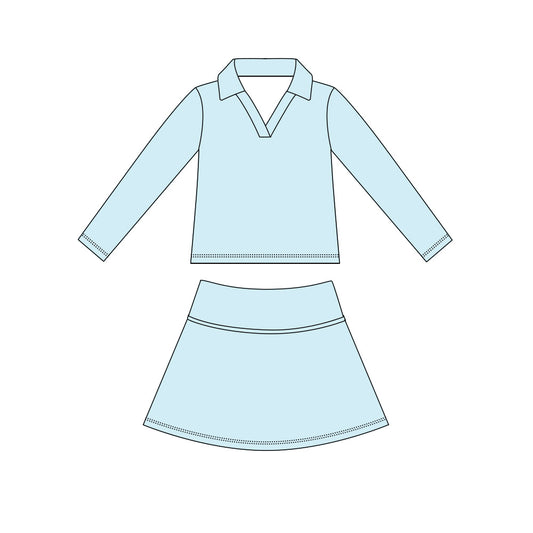 MOQ 5 PCS preorder GLD1589 Solid Light Blue V-Neck Long Sleeve Skirts Girls Yoga Sets 202604