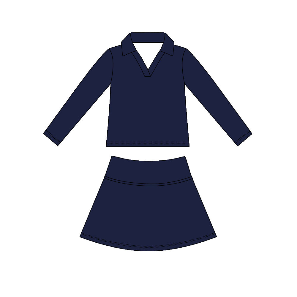 MOQ 5 PCS preorder GLD1591 Solid Navy V-Neck Long Sleeve Skirts Girls Yoga Sets 202604