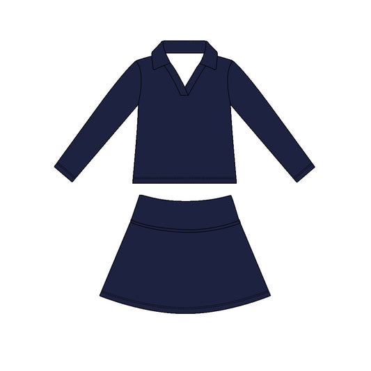 MOQ 5 PCS preorder GLD1591 Solid Navy V-Neck Long Sleeve Skirts Girls Yoga Sets 202604