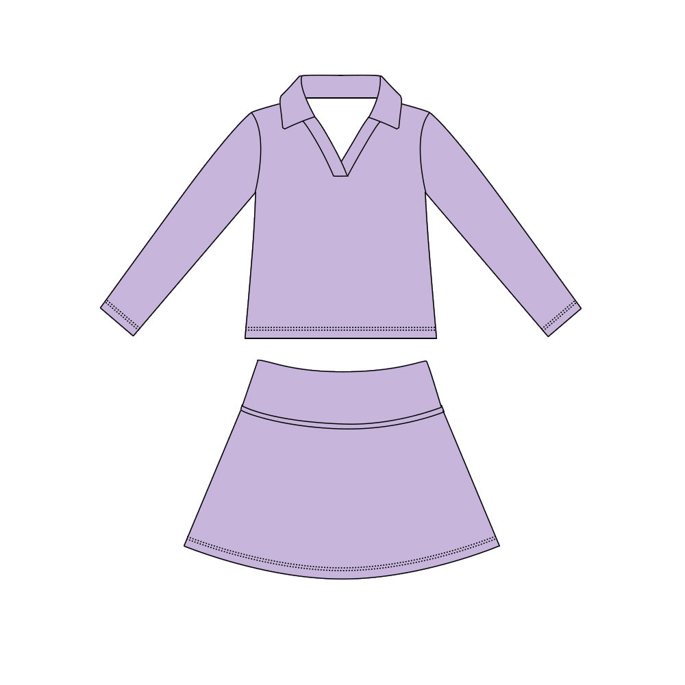 MOQ 5 PCS preorder GLD1592 Solid Purple V-Neck Long Sleeve Skirts Girls Yoga Sets 202604