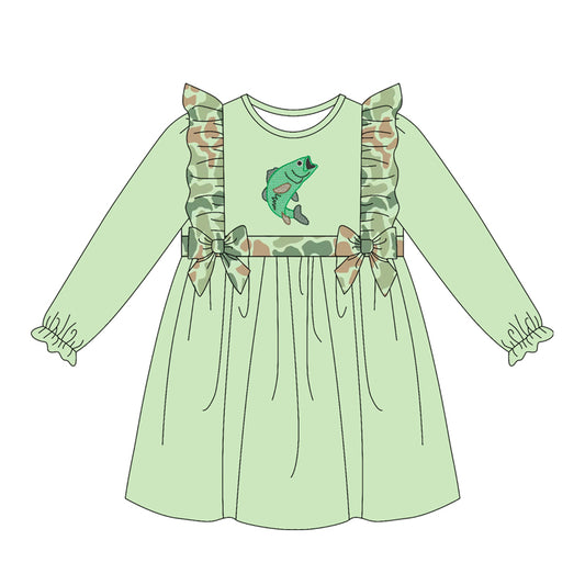 MOQ 5 PCS preorder GLD1595 Fish Pattern Green Camouflage Ruffle Long Sleeve Dresses for Girls 202604