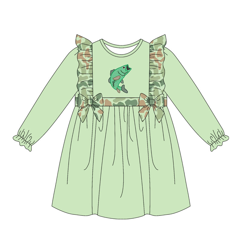 MOQ 5 PCS preorder GLD1595 Fish Pattern Green Camouflage Ruffle Long Sleeve Dresses for Girls 202604