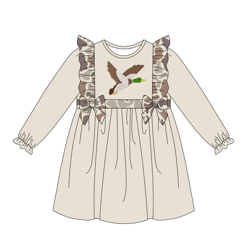 MOQ 5 PCS preorder GLD1596 Duck Pattern Beige Brown Camouflage Bows Ruffle Long Sleeve Dresses for Girls 202604