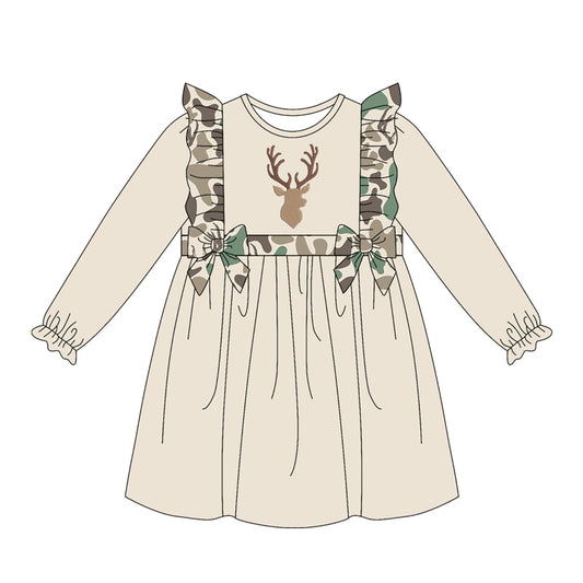 MOQ 5 PCS preorder GLD1597 Deer Pattern Beige Brown Green Camouflage Bows Ruffle Long Sleeve Dresses for Girls 202604