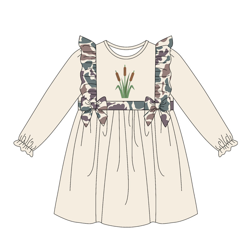 MOQ 5 PCS preorder GLD1598 Cattail Pattern Beige Brown Green Camouflage Bows Ruffle Long Sleeve Dresses for Girls 202604