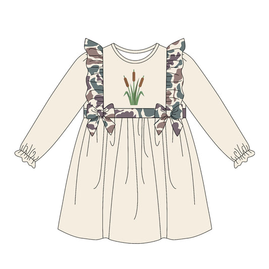 MOQ 5 PCS preorder GLD1598 Cattail Pattern Beige Brown Green Camouflage Bows Ruffle Long Sleeve Dresses for Girls 202604