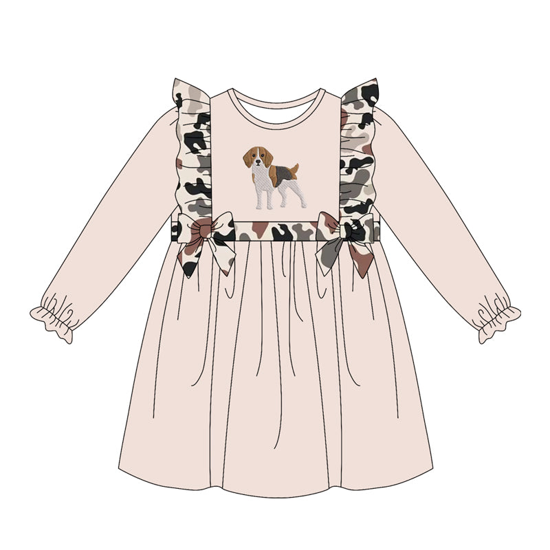 MOQ 5 PCS preorder GLD1599 Puppy Pattern Brown Black Camouflage Bows Ruffle Beige Pink Long Sleeve Dresses for Girls 202604
