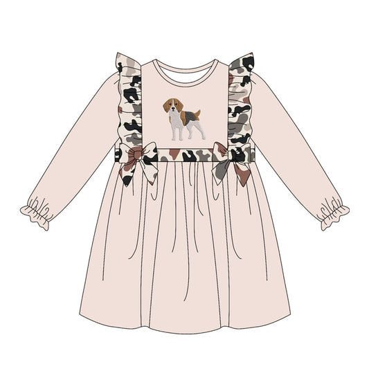 MOQ 5 PCS preorder GLD1599 Puppy Pattern Brown Black Camouflage Bows Ruffle Beige Pink Long Sleeve Dresses for Girls 202604