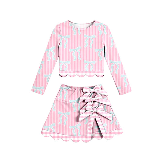 MOQ 30 PCS preorder GLD1600 Bows Pink Stripe Long Sleeve Wave Ruffle Skirts Girls Yoga Sets 202604