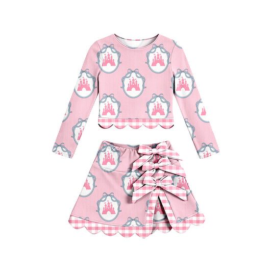MOQ 30 PCS preorder GLD1601 Castle Bows Pink Stripe Long Sleeve Wave Ruffle Skirts Girls Yoga Sets 202604