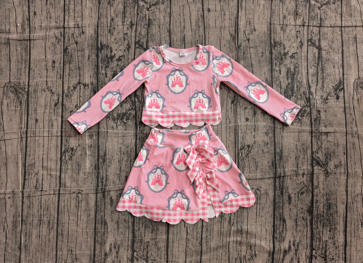 NO MOQ preorder GLD1601 Castle Bows Pink Stripe Long Sleeve Wave Ruffle Skirts Girls Yoga Sets 202606