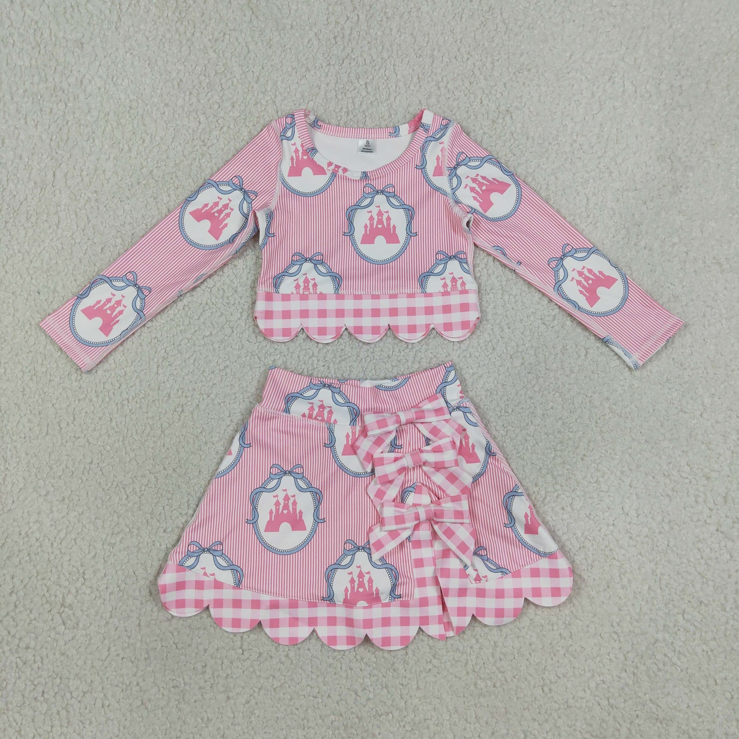 GLD1601 Castle Bows Pink Stripe Long Sleeve Wave Ruffle Skirts Girls Yoga Sets 202607 RTS