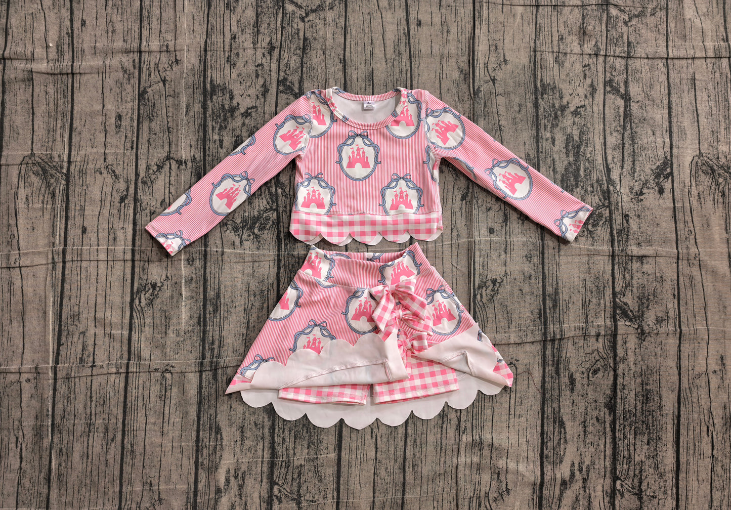 NO MOQ preorder GLD1601 Castle Bows Pink Stripe Long Sleeve Wave Ruffle Skirts Girls Yoga Sets 202606
