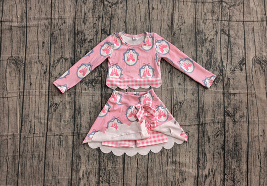 NO MOQ preorder GLD1601 Castle Bows Pink Stripe Long Sleeve Wave Ruffle Skirts Girls Yoga Sets 202606