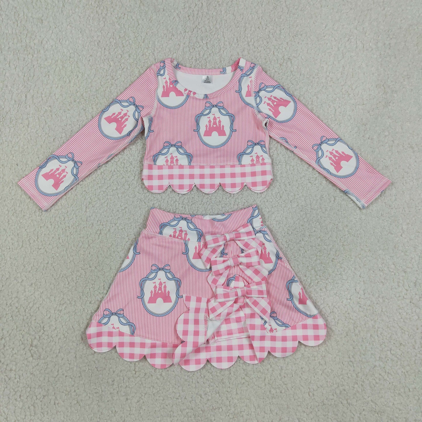 GLD1601 Castle Bows Pink Stripe Long Sleeve Wave Ruffle Skirts Girls Yoga Sets 202607 RTS