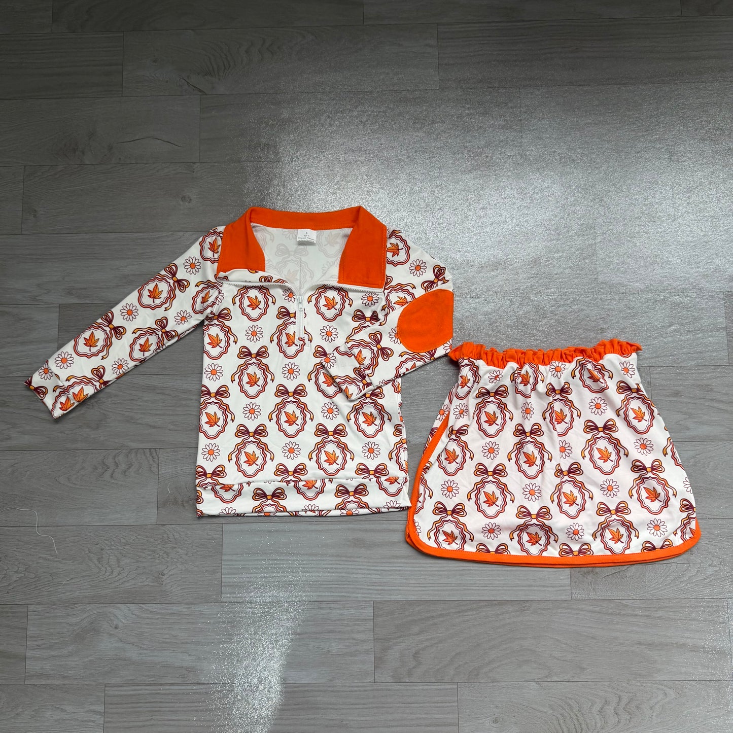 NO MOQ preorder GLD1602 Floral Leaf Bow Orange Zip Long Sleeve Skirts Girls Sets 202607