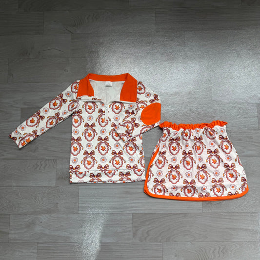 NO MOQ preorder GLD1602 Floral Leaf Bow Orange Zip Long Sleeve Skirts Girls Sets 202607