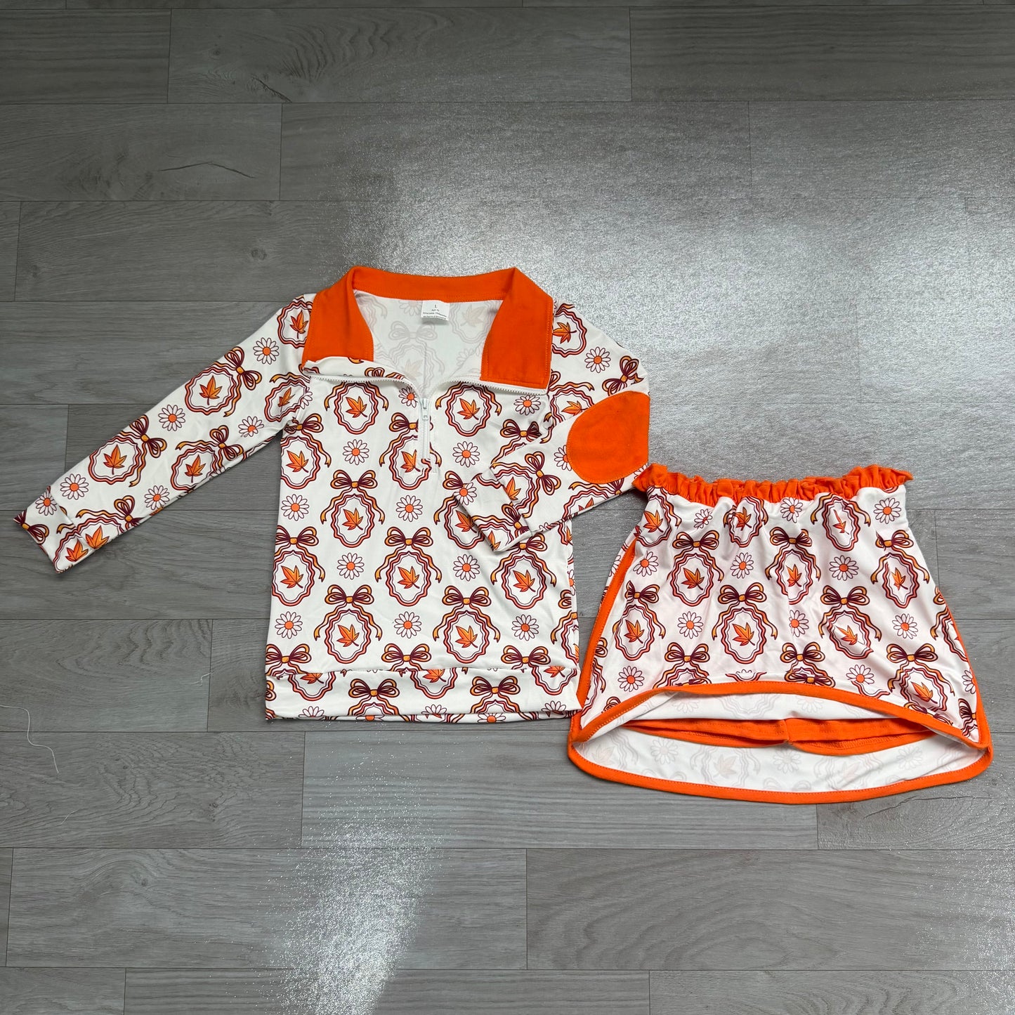 NO MOQ preorder GLD1602 Floral Leaf Bow Orange Zip Long Sleeve Skirts Girls Sets 202607
