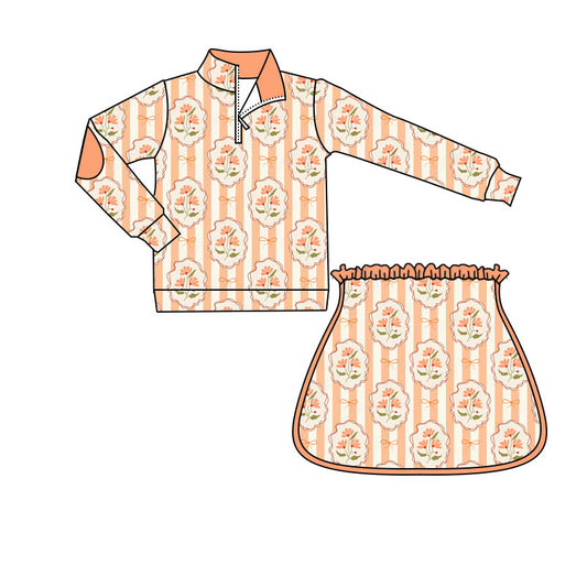 MOQ 5 PCS preorder GLD1604 Floral Bow Stripe Orange Zip Long Sleeve Skirts Girls Sets 202604