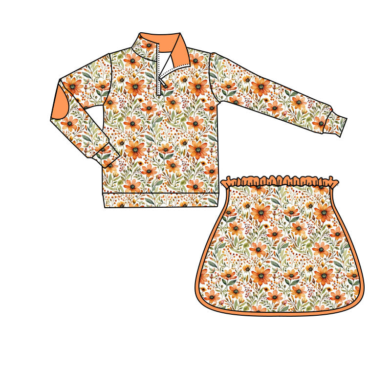MOQ 5 PCS preorder GLD1606 Floral Leaf Orange Zip Long Sleeve Skirts Girls Sets 202604