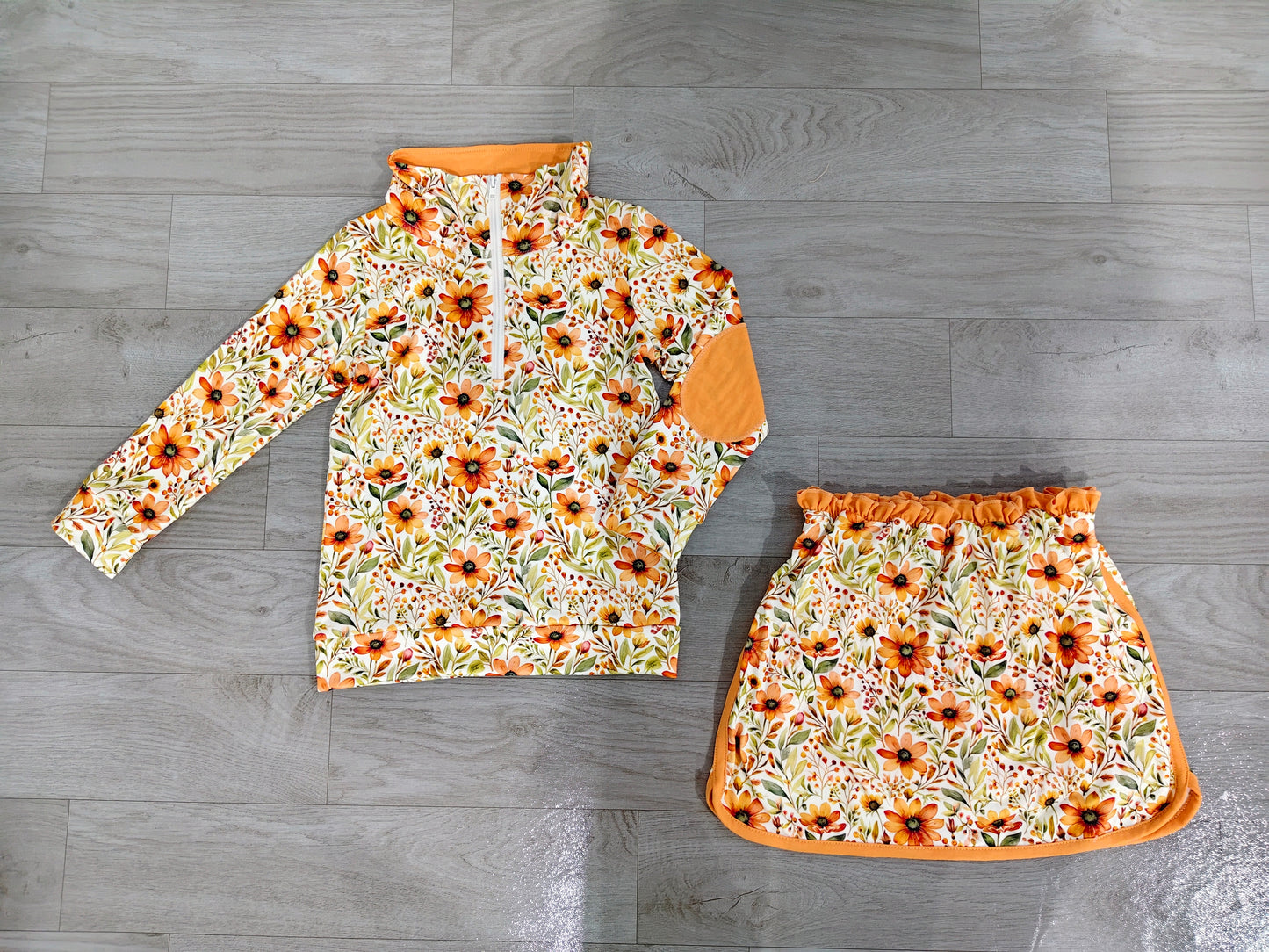 NO MOQ preorder GLD1606 Floral Leaf Orange Zip Long Sleeve Skirts Girls Sets 202607