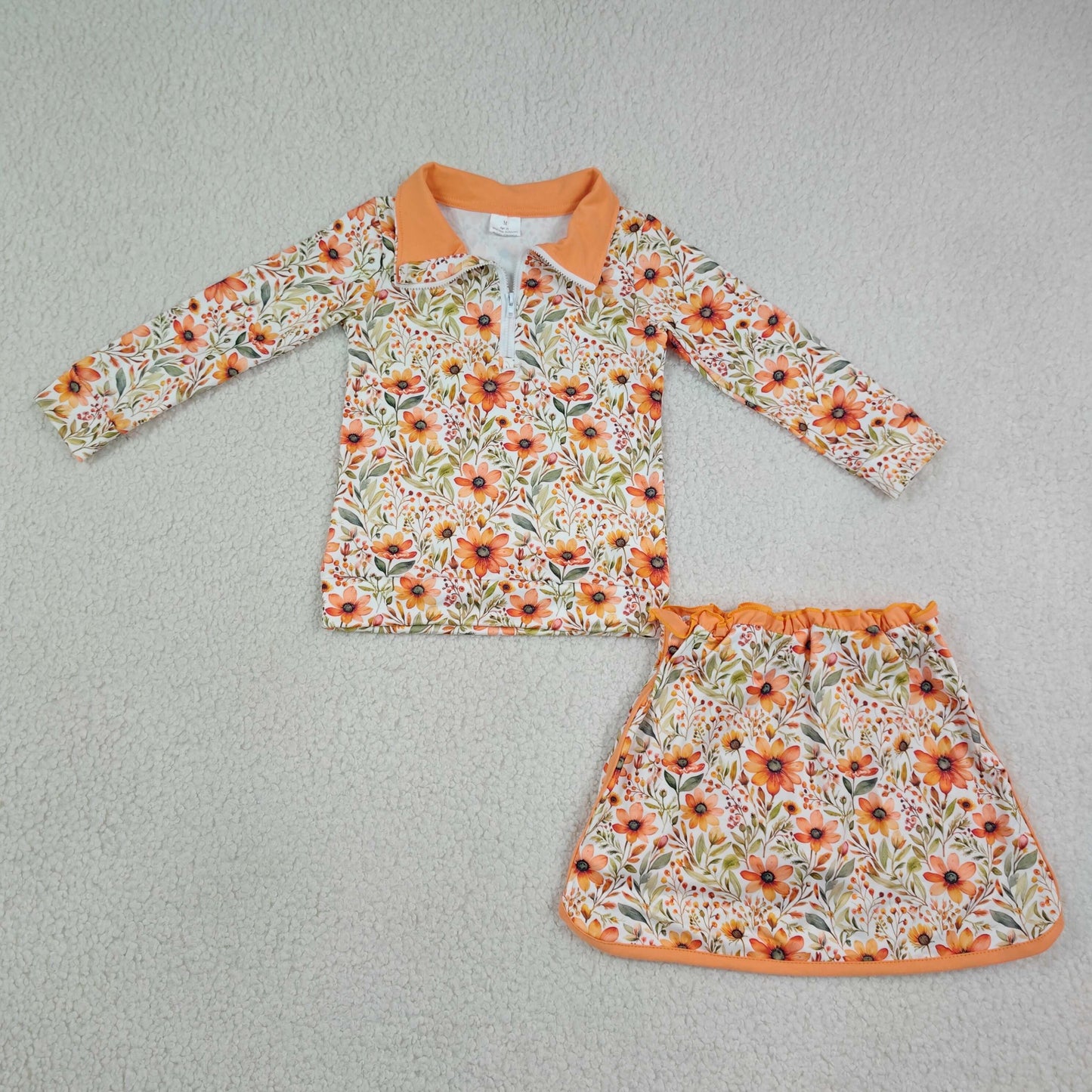 GLD1606 Floral Leaf Orange Zip Long Sleeve Skirts Girls Sets 202607 RTS