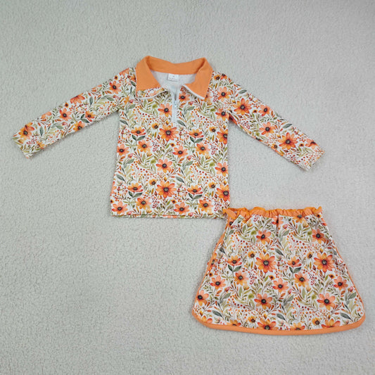 GLD1606 Floral Leaf Orange Zip Long Sleeve Skirts Girls Sets 202607 RTS