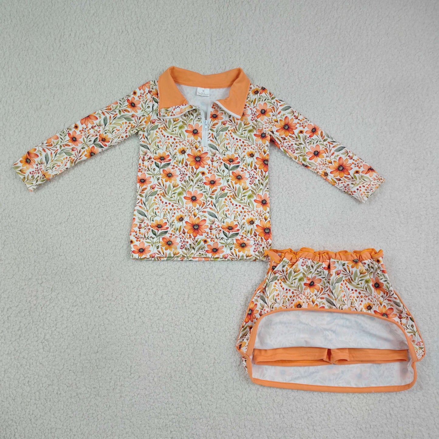 GLD1606 Floral Leaf Orange Zip Long Sleeve Skirts Girls Sets 202607 RTS